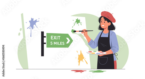 Creative Woman Painting Colorful Roadside Art with Exit Sign and Splatter