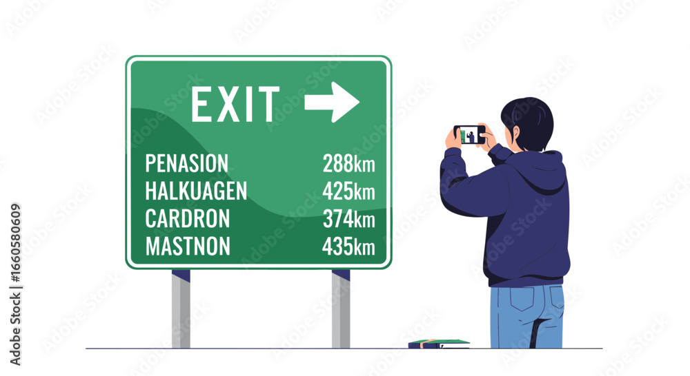 Naklejka premium Curious Traveler Photographs Road Exit Sign with Distances in Kilometers
