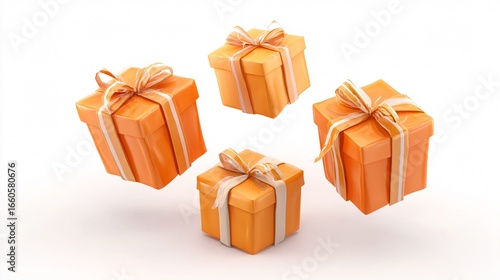 Elegant Set of Four Orange Gift Boxes with Ribbons Flying in the Air