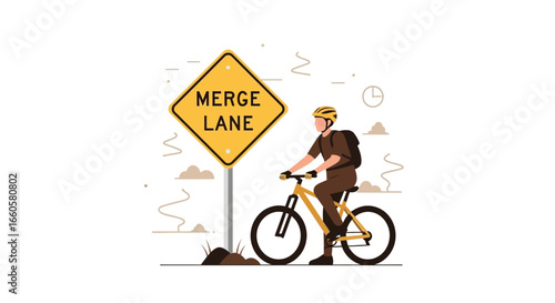 Cyclist Approaching Merge Lane Safety First Biker Awareness Road Sign Guidance