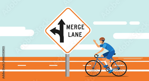 Cyclist Approaching Merge Lane Sign Promoting Road Safety And Awareness