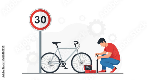 Cyclist Checks And Repairs Bicycle With Air Pump Near Road Speed Limit Sign