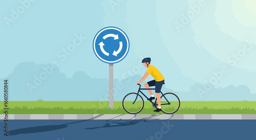 Cyclist Approaching Roundabout Showing Safe Biking Through Traffic Sign Concepts