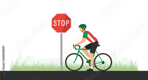Cyclist Encounters Stop Sign During Road Training For Road Safety Awareness