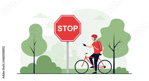 Cyclist Halting At A Stop Sign In Verdant Park During A Leisurely Ride
