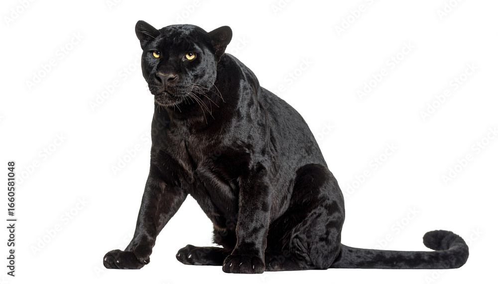 Fototapeta premium Black panther sitting and staring on transparent background