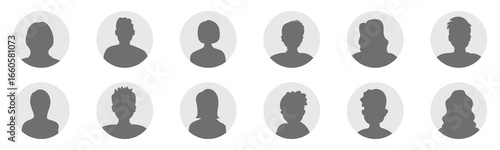 woman and man silhouette avatars or profile gray icon. male and female portraits, anonymous people icons different styles, oval, square, circle shape
