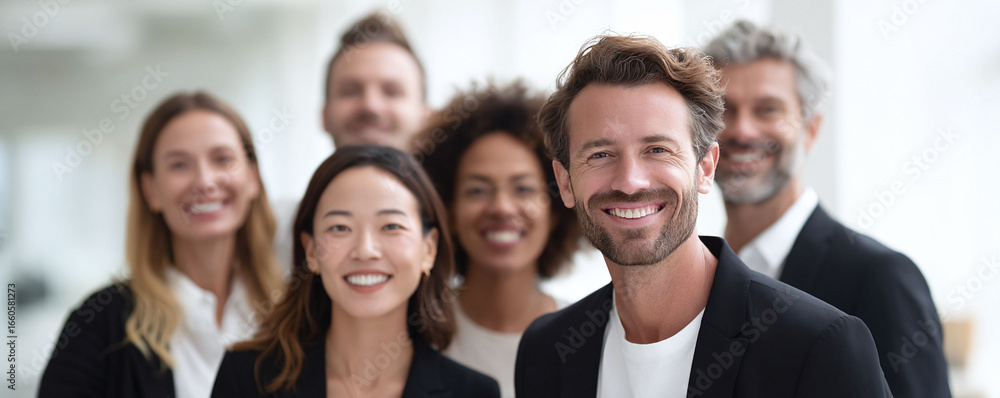 Fototapeta premium Diverse, smiling professionals pose for a business portrait. Depicts teamwork, success, leadership, and collaboration. Ideal for corporate communications.