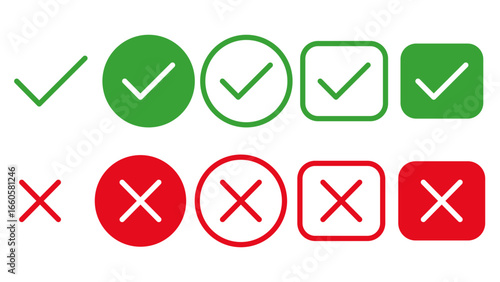 Check mark icons. Green check mark icon and red cross icon sheet. green tick and red x. Symbols of approval and Decline, outline and fill vector illustration