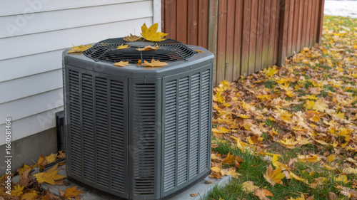 Autumnal Exterior HVAC Unit: Gray Air Conditioner with Fallen Leaves