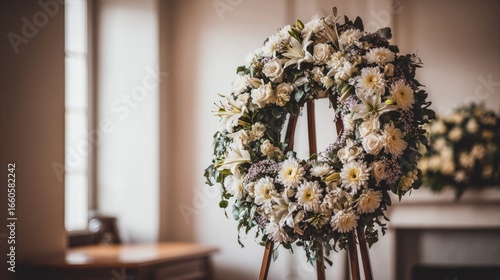 Elegant Floral Wreath On Wooden Tripod Stand In Softly Lit Room, Funeral Remembrance, Sympathy And Condolences