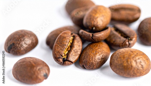Wallpaper Mural Macro of roasted coffee beans isolated on white background, arabica blend, morning brew, caffeine close-up, copy space Torontodigital.ca