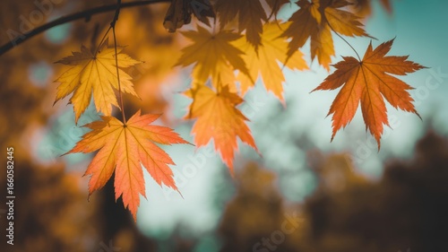 Autumnal Japanese Maple Leaves: Warm, Golden Hues Against a Soft Teal Sky, Peaceful Fall Nature Scene