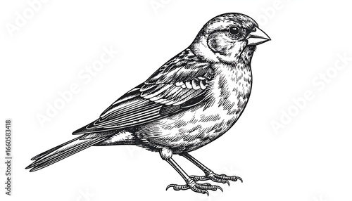 Detailed black and white line drawing of a small bird