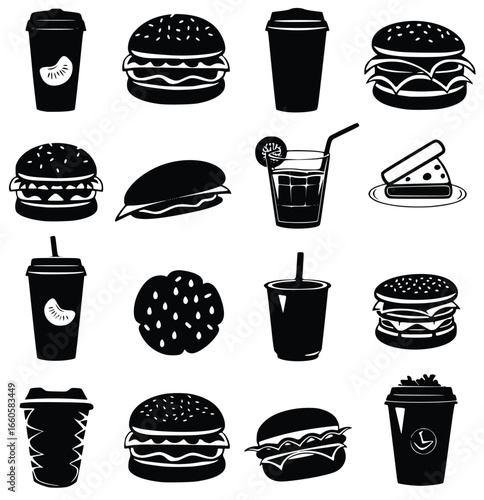 Fast Food Silhouettes: A collection of black and white illustrations showcasing a variety of popular fast-food items, including burgers, sandwiches, drinks, fries, and more.