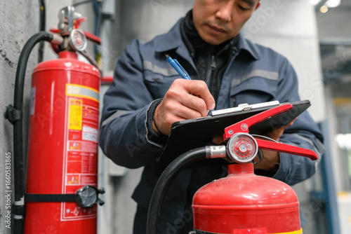 Engineers are checking and adjusting fire extinguishers in fire protection systems. 
