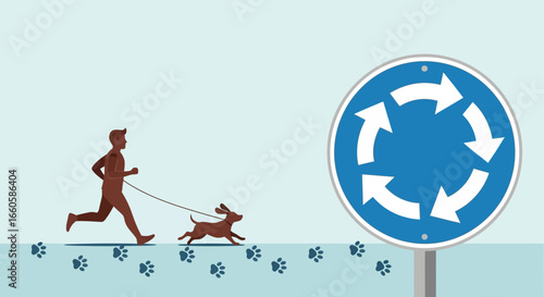 Daily Fitness Routine Jogging With Pet Near Roundabout Sign Vector Illustration