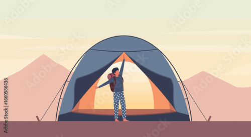 Dawn Awakens The Adventurer Camping In Remote Mountainous Wilderness