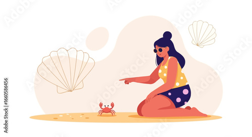 Daydreaming Beach Encounter A Girl Discovers A Crab On The Sandy Shores