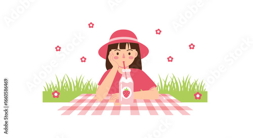 Daydreaming Young Woman Enjoys Strawberry Smoothie At Outdoor Picnic Illustration