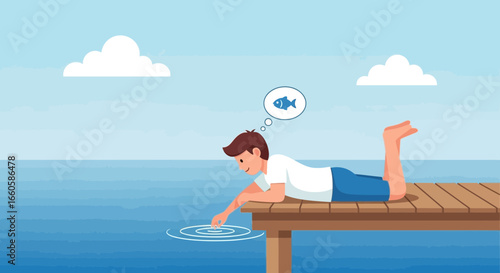 Daydreaming Boy Lying On Pier By Sea Water In Summer Vacations