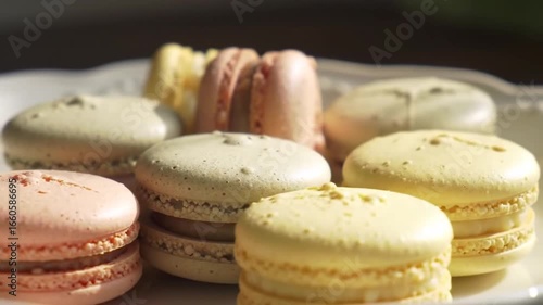 Pastel Macarons Displayed on an Elegant White Plate, Gourmet Delights