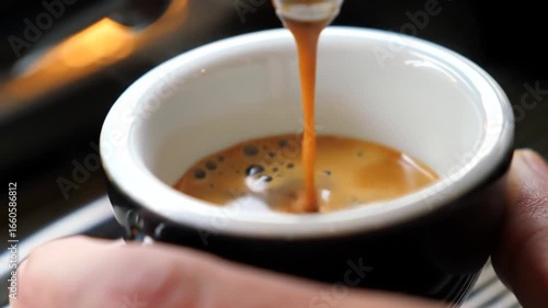 Pouring Fresh Espresso Shot Into a White Ceramic Cup Close-Up