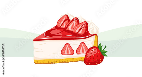 Delicious Slice Of Strawberry Cheesecake With Fresh Topping Illustration
