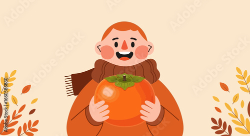 Delightful Autumnal Scene Featuring A Child Holding A Bright Orange Persimmon