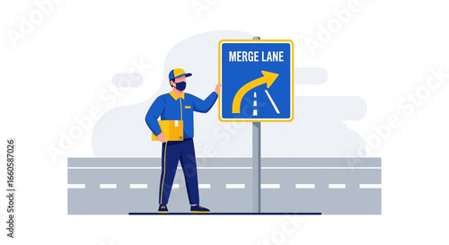 Delivery Guy Standing Next To A Merge Lane Sign On The Road