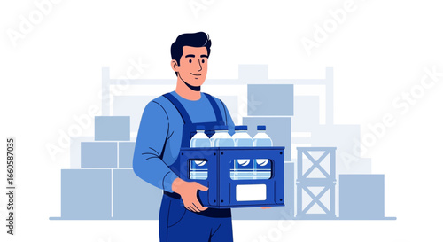 Delivery Man Carrying Crate of Water Bottles in a Warehouse Setting