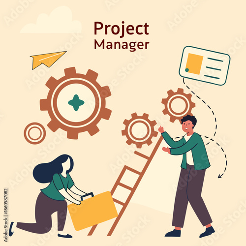 Project management concept successful strategy planning motivation and leadership marketing analysis and development vector illustration in cartoon style
