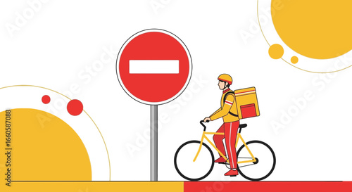 Delivery Rider Cycling Past No Entry Sign Depicting Urban Restriction And Navigation
