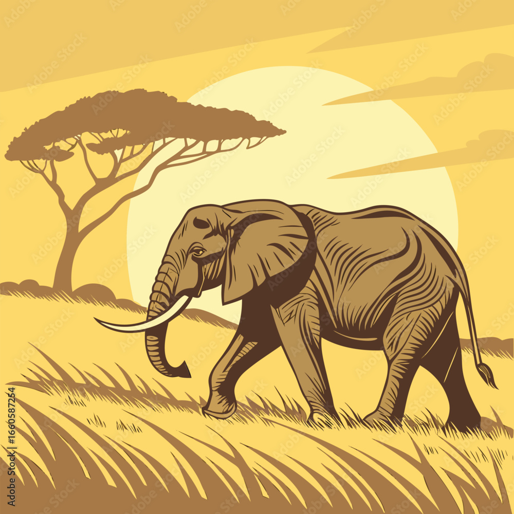 Fototapeta premium Elephant walking through savanna grasslands under a large sun tree