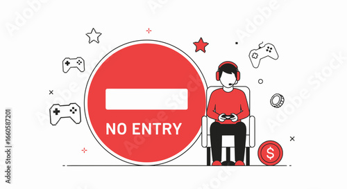 Deny Gamer Entry To Gaming Addicts With No Entry Symbol Isolated On White