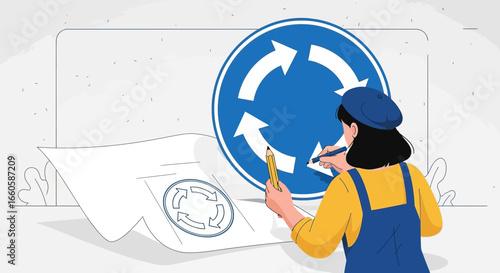 Designer Creating Roundabout Road Sign Artwork for Transportation Concepts
