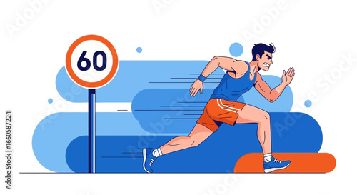 Determined Athlete Running At Full Speed Alongside A 60 Speed Limit Sign
