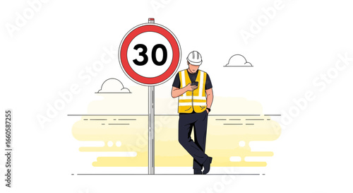 Digital Depiction Of Construction Worker Using A Smartphone Near Speed Limit Sign
