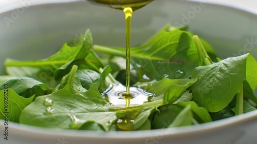 Pouring Healthy Olive Oil Over Fresh Green Salad In Bowl