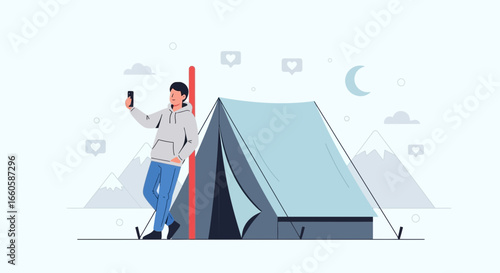 Digital Nomad Connecting in Nature Young Man Camping and Taking Selfie