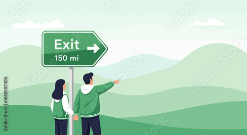 Directional Travel To Exit Couple Standing Near A Roadside Sign Illustration