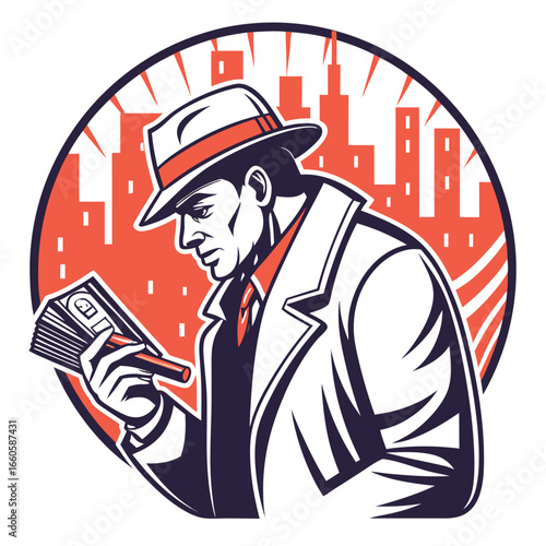 Gentleman holding money and cigar against city skyline fedora trench coat