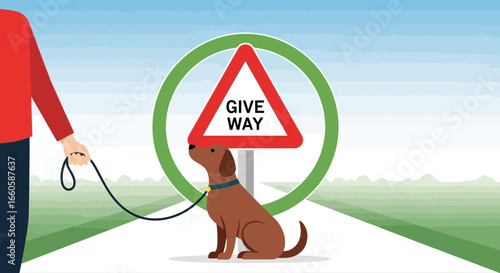 Dog Obedience Training Near Traffic Sign on Walkway Illustration