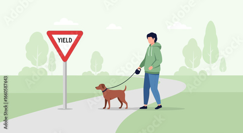 Dog Walking Route With Yield Sign And Young Man Wearing Casual Clothes