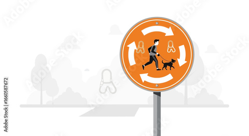 Dog Walking Route Sign With Arrows And Pet Waste Bag Dispensers Pointing Circle