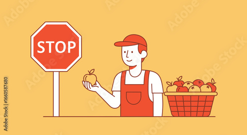 Don't Eat the Forbidden Fruit, A Man With Apple Near the Stop Sign