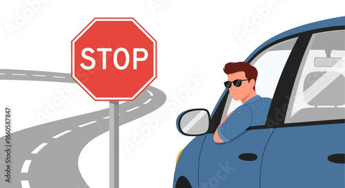 Driver Pauses At Stop Sign Near Roadside During Journey Or Commute