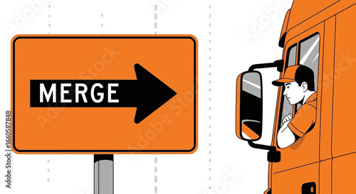 Driver Preparing To Merge Traffic Following The Road Safety Sign Advice