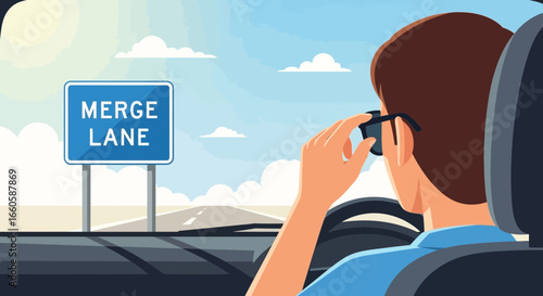 Driver Putting On Sunglasses Before Merging into Traffic Lane on Highway Road