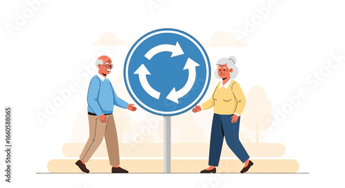 Elderly Couple Navigating Road Safety Roundabout Together With Care and Awareness